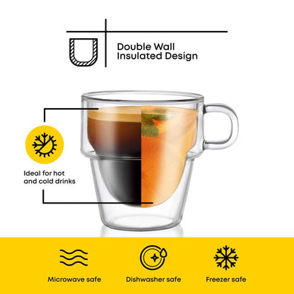 JoyJolt Stoiva Double Wall Insulated Espresso Glass Cups – 5 oz. (150 ml) Shot Cup with Handle – Stackable Thermal Clear Glass Cups, Fit for Espresso Machine and Coffee Maker – Set of 4