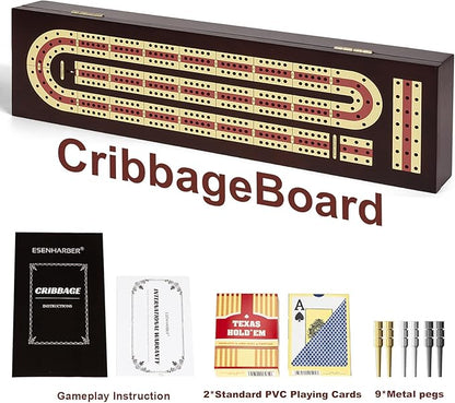 Cribbage Board Game Set Premium Wooden Board with Magnetic Lock and Metal Pegs 2 Playing Cards and Large Storage - Travel-Friendly Continuous 3 Track Board