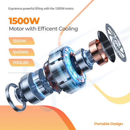 3-in-1 Electric Hoist Winch 1500W Powerful Portable 120V Winch with 1100Lbs Loading Capacity, 16 ft/min Lift Speed, 25ft Lifting Height – Perfect for Garages, Warehouses, and Factories