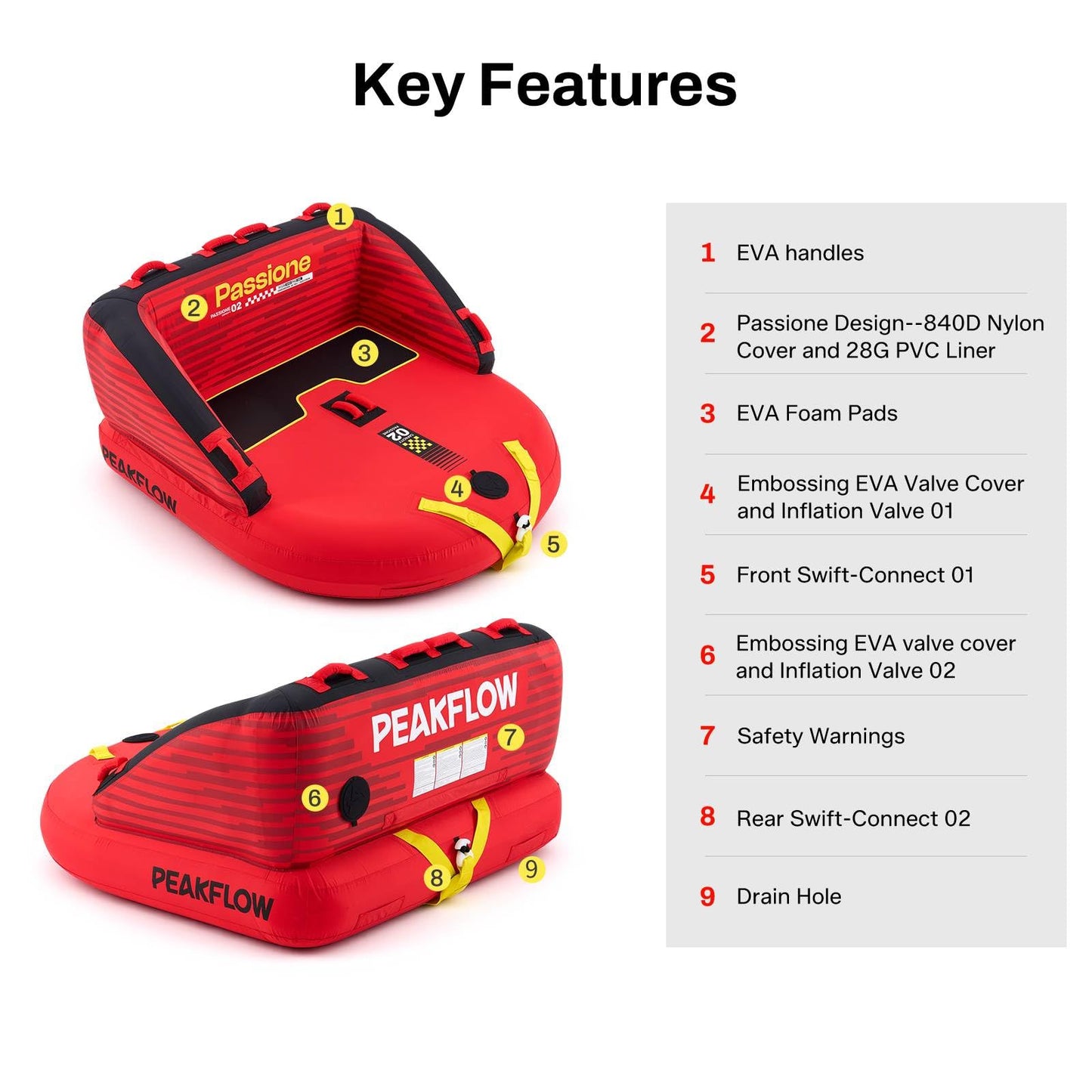 PEAKFLOW Towable Tube,Boat Tube,2 Rider Models,Tubes for Boating,PVC Liner and Full Nylon Cover,EVA Foam Pads and 8 EVA Handles,Swift Connect Rapid Boston Valve, 64x61Inches Inflated,Passione Series