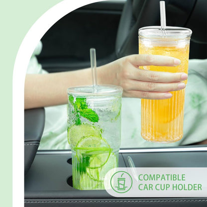 Luiaiog Glass Cups with Lids and Glass Straws, High Borosilicate 20OZ Tumblers (4Pcs) for Coffee, Tea, Juice, Smoothies, Hot/Cold Drinks at Home, Office