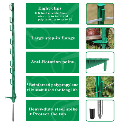 Zoiut 50 Pack Electric Fence Posts,48 Inch/4FT Step-in Plastic Posts for Farm and Garden,Temporary Sturdy Fencing System for Electric Fencing and Yard Protection, Green