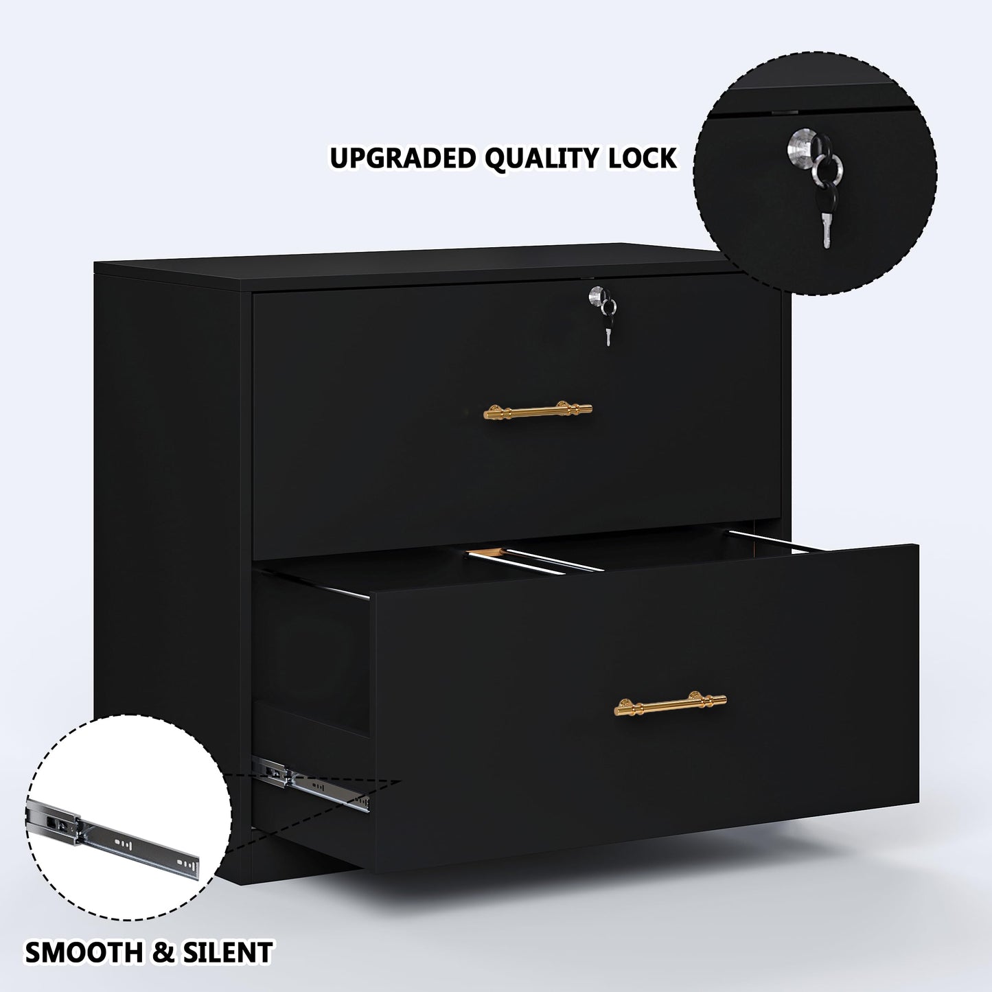 GFGWXW 2 Drawer Lateral File Cabinet with Lock, Suitable for Letter/A4/F4/Legal Size Hanging Files,Large Wood Filing Storage Cabinets Printer Stand for Home Office,Black