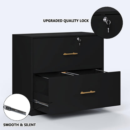 GFGWXW 2 Drawer Lateral File Cabinet with Lock, Suitable for Letter/A4/F4/Legal Size Hanging Files,Large Wood Filing Storage Cabinets Printer Stand for Home Office,Black