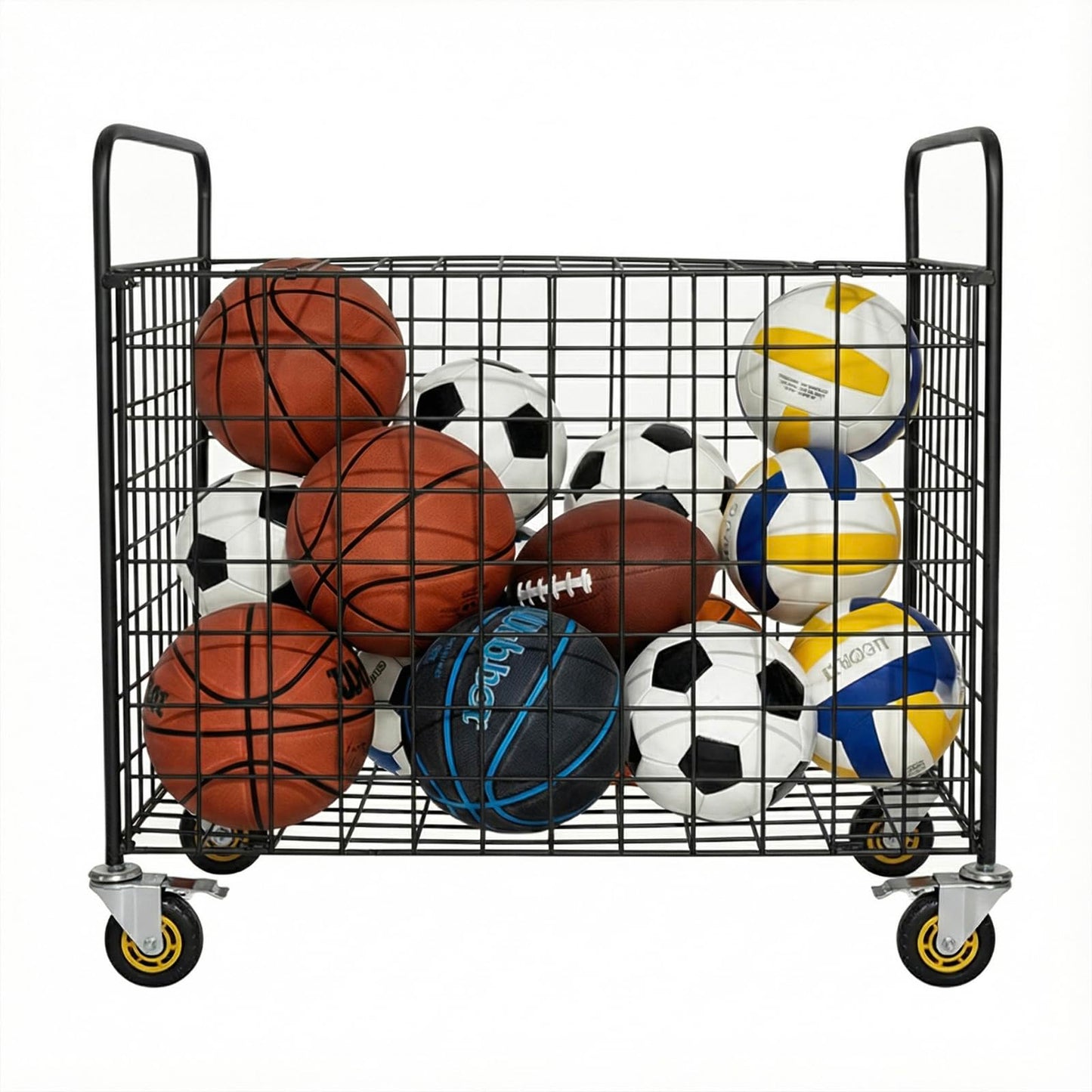 MyGift Ball Storage, Basketball Holder, Professional Gym Metal Multi Sports Ball Cart with Jumbo Industrial Wheels, Commercial Grade Portable Equipment Locker Cage for Football, Soccer, Volleyball