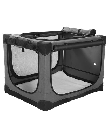 33 x 25 x 25 Inch Collapsible Soft Dog Crate for Dogs Up to 70 lbs, Portable Travel Pet Kennel with 4 Zip Doors, Foldable Indoor Outdoor Crate with Mat, Carry Bag, Grey