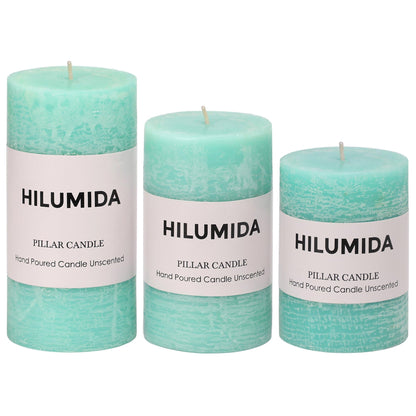 Turquoise Pillar Candles Set of 3 - Hand-Poured Unscented Candles,Smokeless Dripless Candles for Dinner Table and Home, Set of 3 in Different Sizes (3"x4", 3"x5", 3"x6")