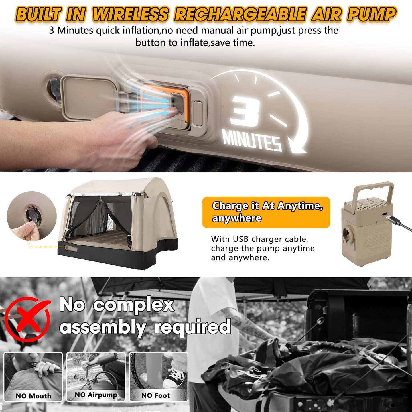 TIPHOPE All-in-One Inflatable Truck Bed Tent with Mattress for 5.5-6.5FT,Built in Wireless Rechargeable Air Pump,3 Mins Fast Setup,Waterproof PU 2000MM Pickup Truck Tent for Camping Road Trip