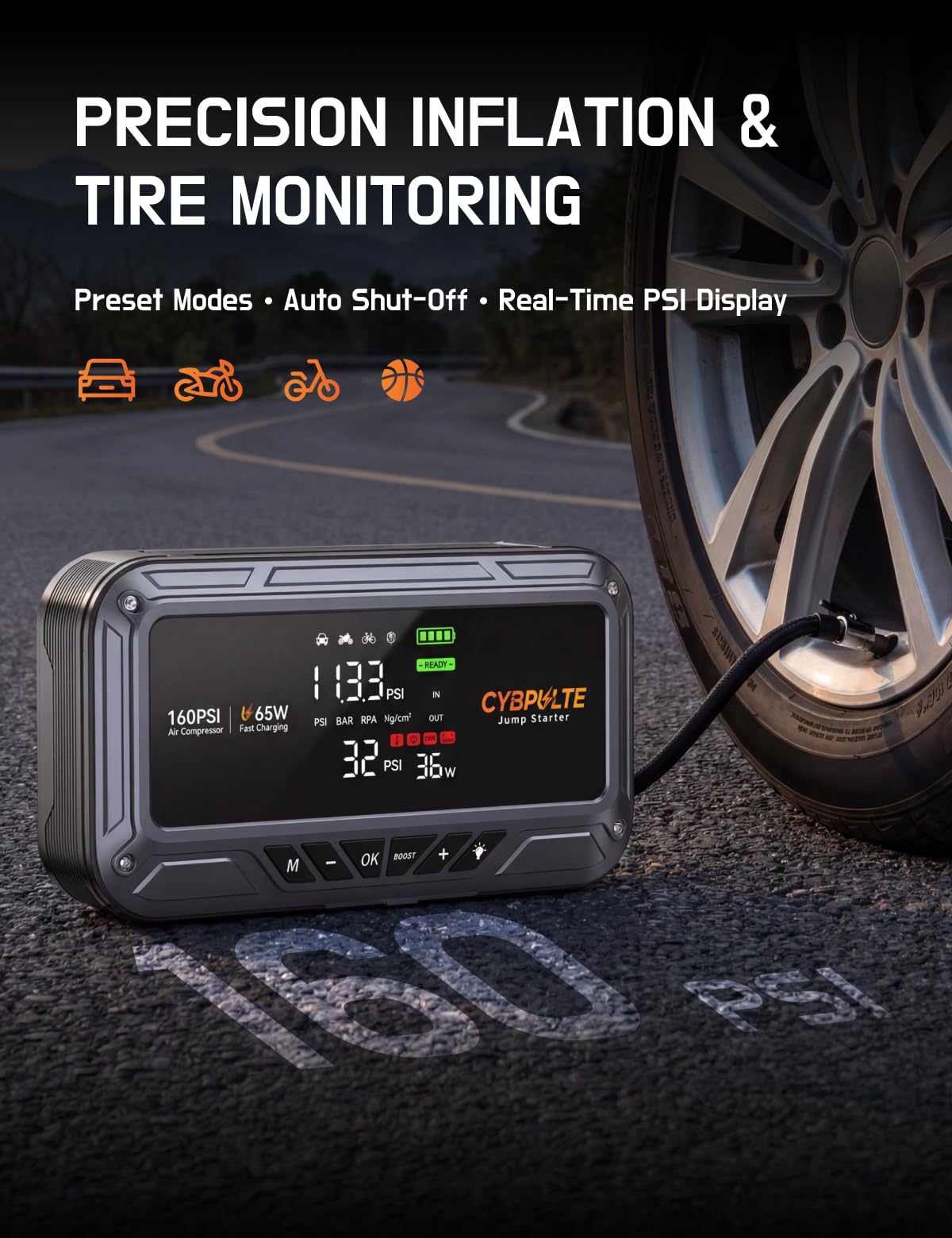 Jump Starter with Air Compressor, 8000A 160 PSI Portable Car Battery Jump Starter with LCD Display, 65W USB-C Fast Charging, All-in-One Emergency Jump Box for All Gas 14L Diesel