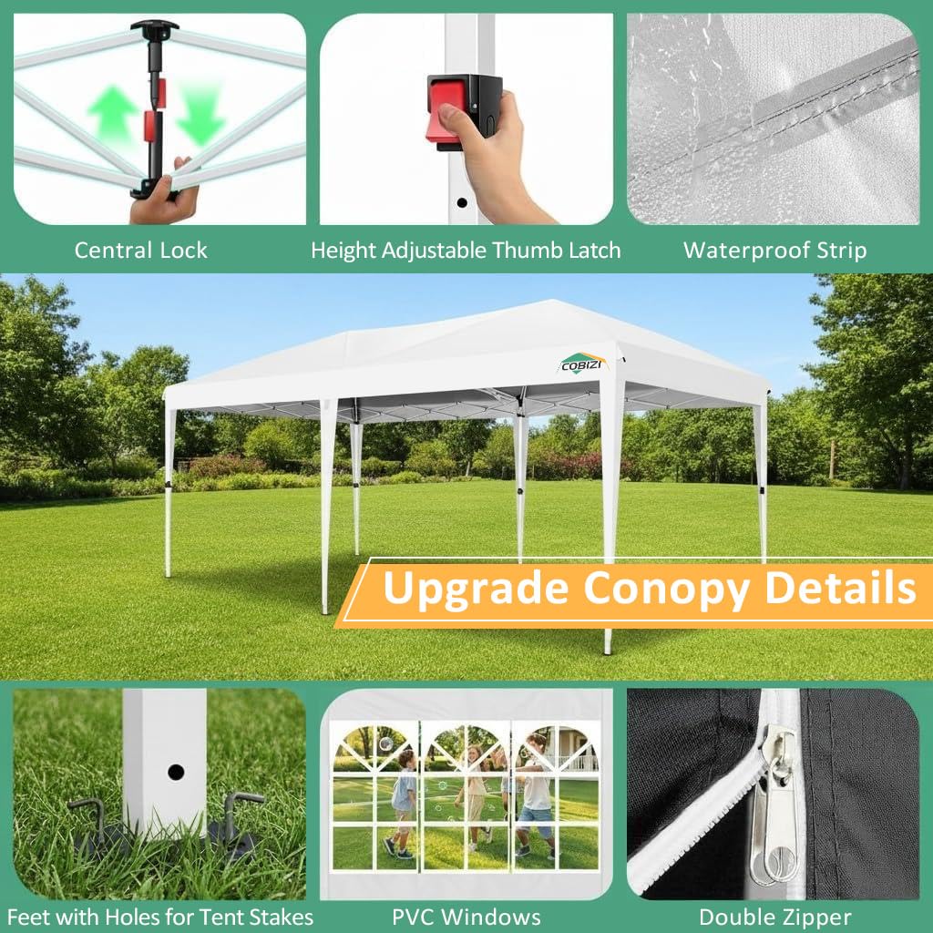 COBIZI 10x20 Pop Up Canopy Tent Commercial Instant Shelter with 6 Sidewalls, Durable Waterproof Portable Gazebo UPF 50+ for Outdoor Party, Wedding, Vendor Events (White)