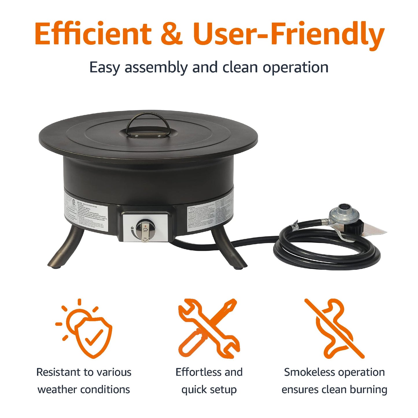 Amazon Basics Portable Propane Fire Pit, 19 inch Round Gas for Patio, 55,000 BTU, Carry Strap, Heat, Warmth and Ambience