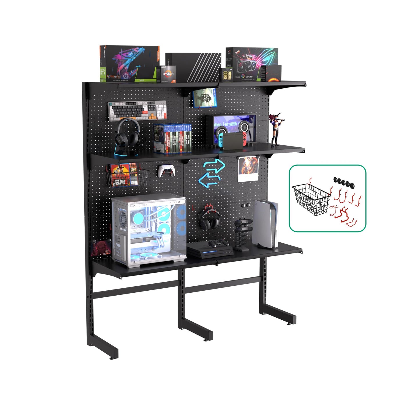 JWX DDB Gaming Pegboard Standing Shelf Units, Modular Pegboard and Shelf System with 15 Pieces Organizer Tool Holders