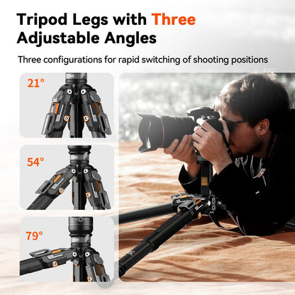 COMAN T1S Snap Open Carbon Fiber Tripod, Professional Tripod for Camera with Ball Bowl Head, 65'' Video Tripod with Quick Release Center Column, Max Load 20kg / 44lb
