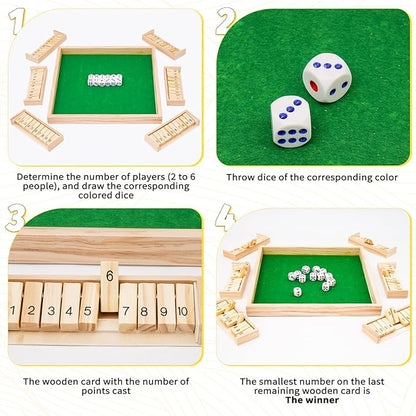 Upgraded 1-6 Players Shut The Box Dice Game with 12 Dice Wooden Classic Board Games Traditional Table Math Game Tabletop Math Dice Game for Pub Bar Home Classroom Party