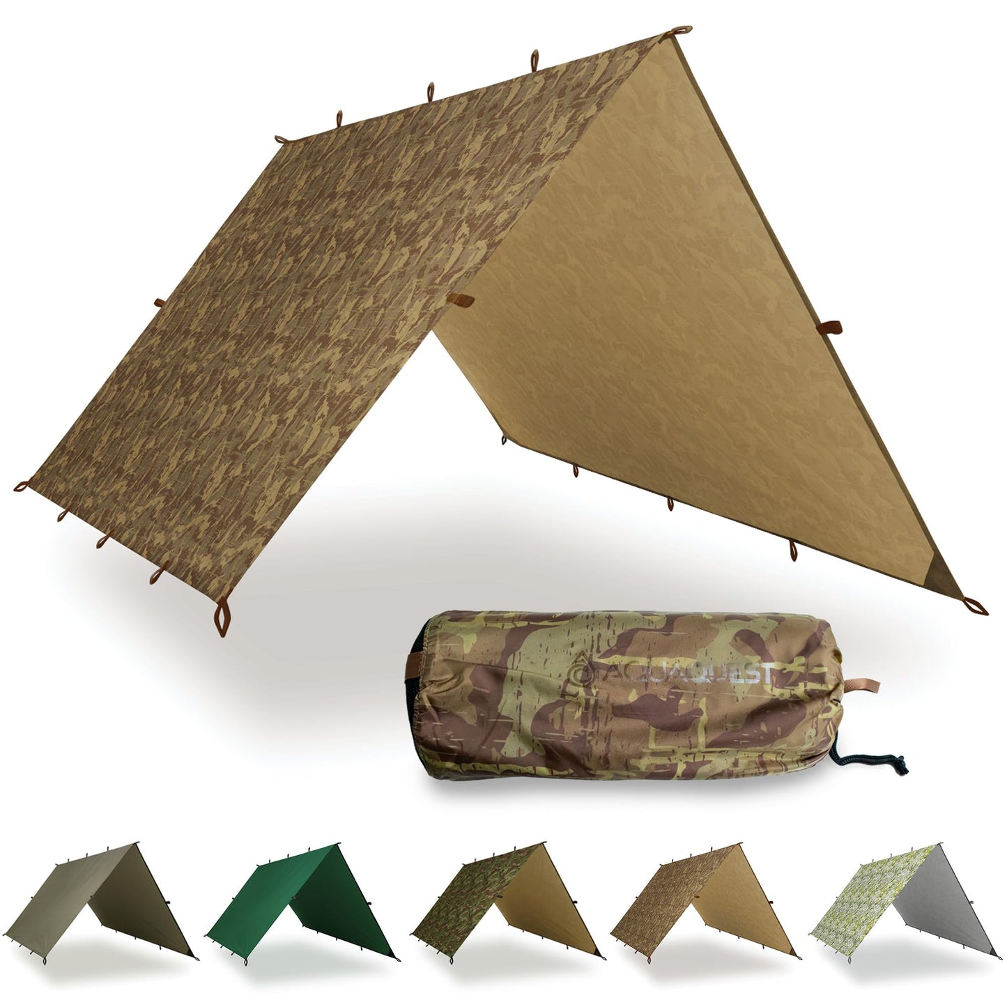 AquaQuest Defender Tarp – Heavy‑Duty Waterproof (20,000 mm) Seam‑Taped Rain Fly for Camping, Bushcraft & Survival – 13×10 True Terrain Camo
