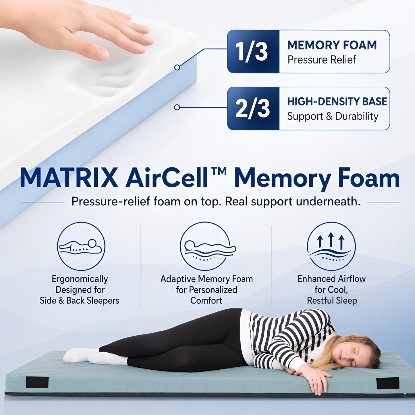 Hazli 3’’ Matrix Comfort-Cell Memory Foam Camping Mattress Pad - Roll Up Mattress for Adults - Portable Cot Sleeping Pad for Camping - Floor Mat or Bed Roll for Car, SUV - Twin 75’’ X 36’’