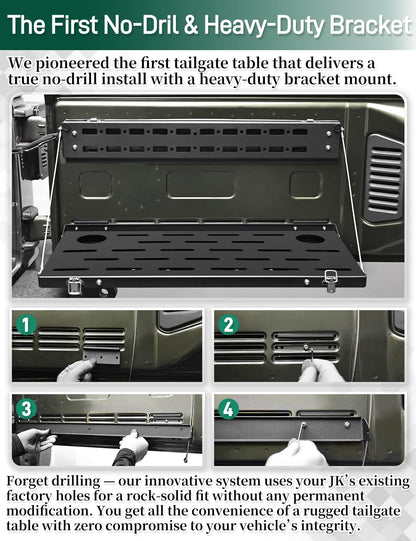JROAD No-Drill Tailgate Table for Jeep Wrangler JK 2007-2018,Foldable Jeep JK Tailgate Storage Cargo Rack with MOLLE Panel,Heavy Duty 88 lbs Capacity,Not Fit Trunk with Factory Subwoofer