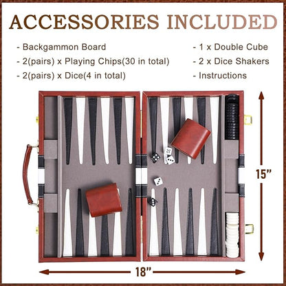 Backgammon Sets for Adults 15 inch Backgammon Brown Sets Classic Board Game with Premium Leather Case Portable Travels Strategy Backgammon Game Set for Adults Kids (Brown)