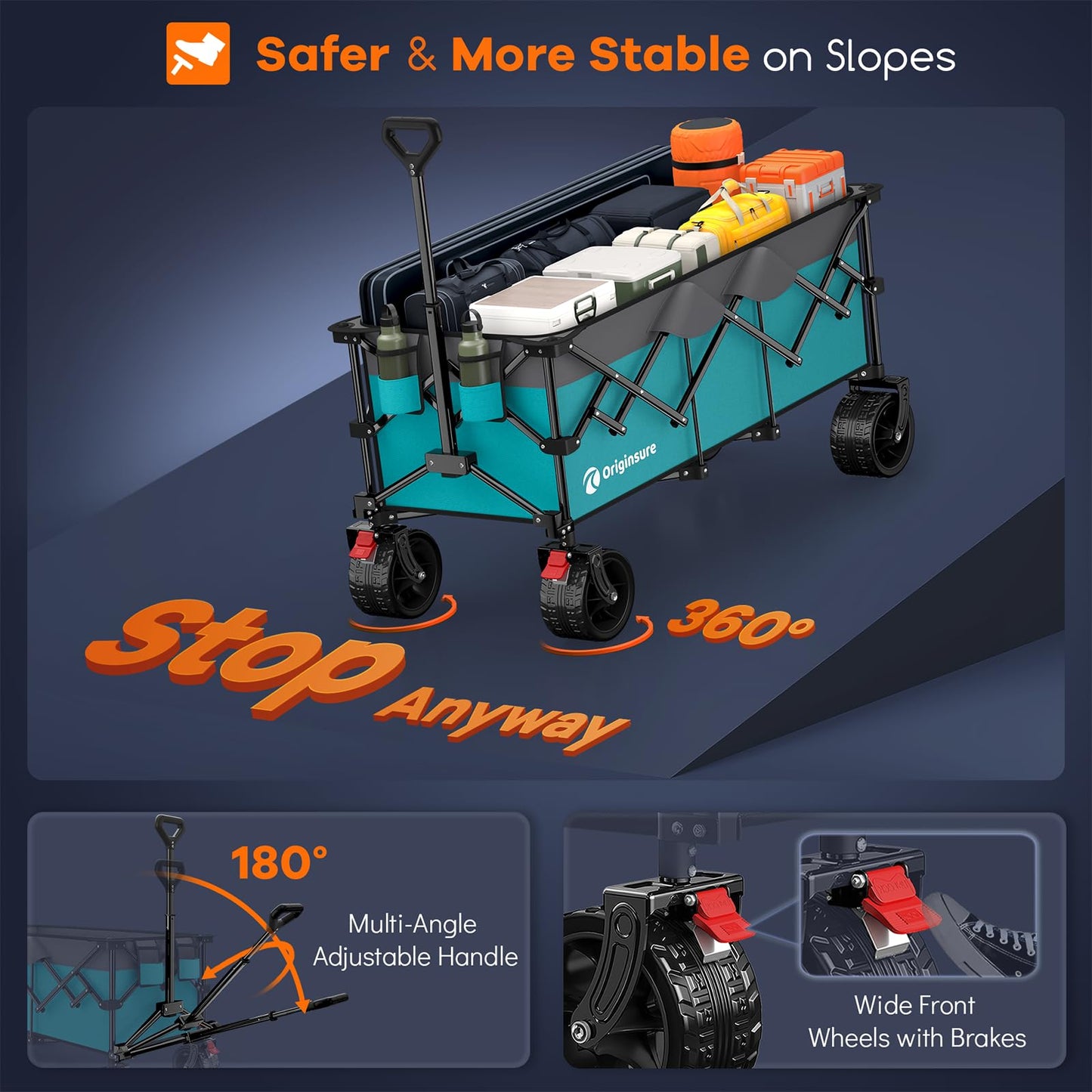Originsure 48" L Collapsible Wagon Cart Foldable, 560lbs Weight Capacity 300L Heavy Duty Folding Beach Wagons with Big All-Terrain Wheels, Utility Carts for Groceries, Camping, Sports - Grey&Turquoise