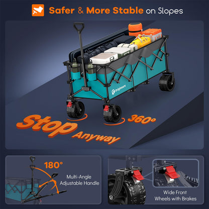 Originsure 48" L Collapsible Wagon Cart Foldable, 560lbs Weight Capacity 300L Heavy Duty Folding Beach Wagons with Big All-Terrain Wheels, Utility Carts for Groceries, Camping, Sports - Grey&Turquoise