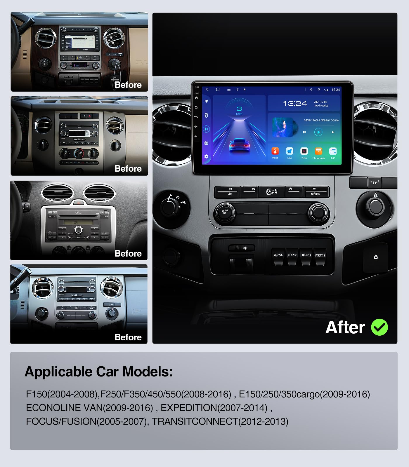 10" QLED Android 13 Car Stereo for Ford F150 2004-2008, F250 F350 2008-2016 Radio Upgrade Wireless CarPlay Android Auto Radio, Touchscreen, 5G WiFi,1080P Backup Camera, Dash Kit, GPS Navigation