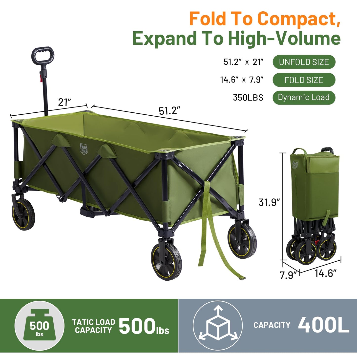 Timber Ridge 51.2'' Extended Collapsible Wagon Cart with Brakes and Cargo Net, Heavy Duty Foldable Utility Wagon with Adjustable Handle, 400L Capacity Portable Cart for Camping Sports Shopping