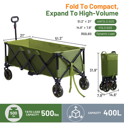 Timber Ridge 51.2'' Extended Collapsible Wagon Cart with Brakes and Cargo Net, Heavy Duty Foldable Utility Wagon with Adjustable Handle, 400L Capacity Portable Cart for Camping Sports Shopping