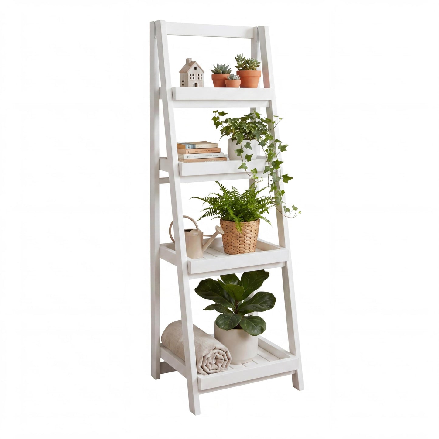 happimess SHF2008W Everett 48 in. H Minimalist Handcrafted Acacia Wood 4-Tier Indoor/Outdoor Folding Display Ladder Storage Rack and Plant Stand, White