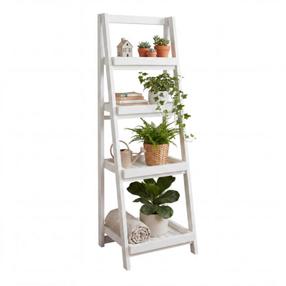 happimess SHF2008W Everett 48 in. H Minimalist Handcrafted Acacia Wood 4-Tier Indoor/Outdoor Folding Display Ladder Storage Rack and Plant Stand, White