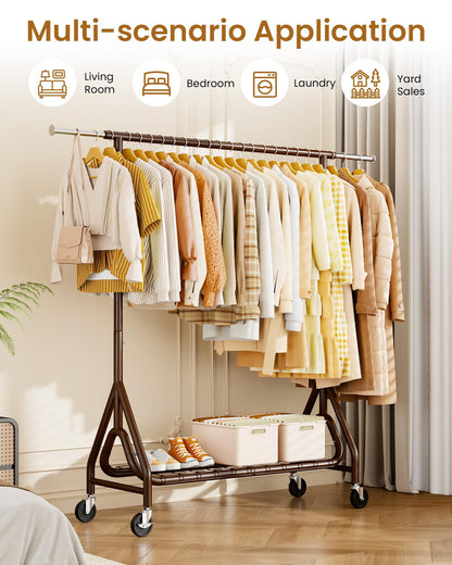 JIEJIERUI Heavy Duty Clothing Rack, Metal Clothes Rack Load 450 LBS, Rolling Coat Racks for Hanging Clothes with Lockable Wheels, Wardrobe Closet Garment Racks for Bedroom, Brown