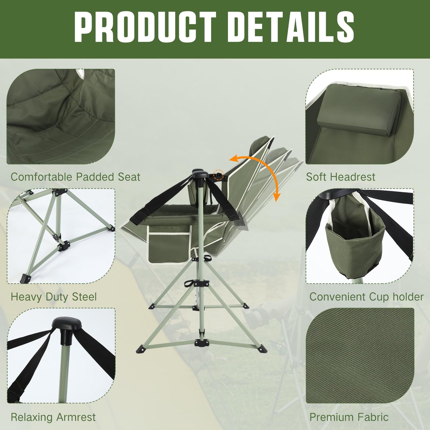 Reallnaive 2 Pcs Hammock Camping Chair with Adjustable Backrest, Heavy Duty Folding Swinging Chair Supports 300lbs, Portable for Camping, Travelling and Patio Green