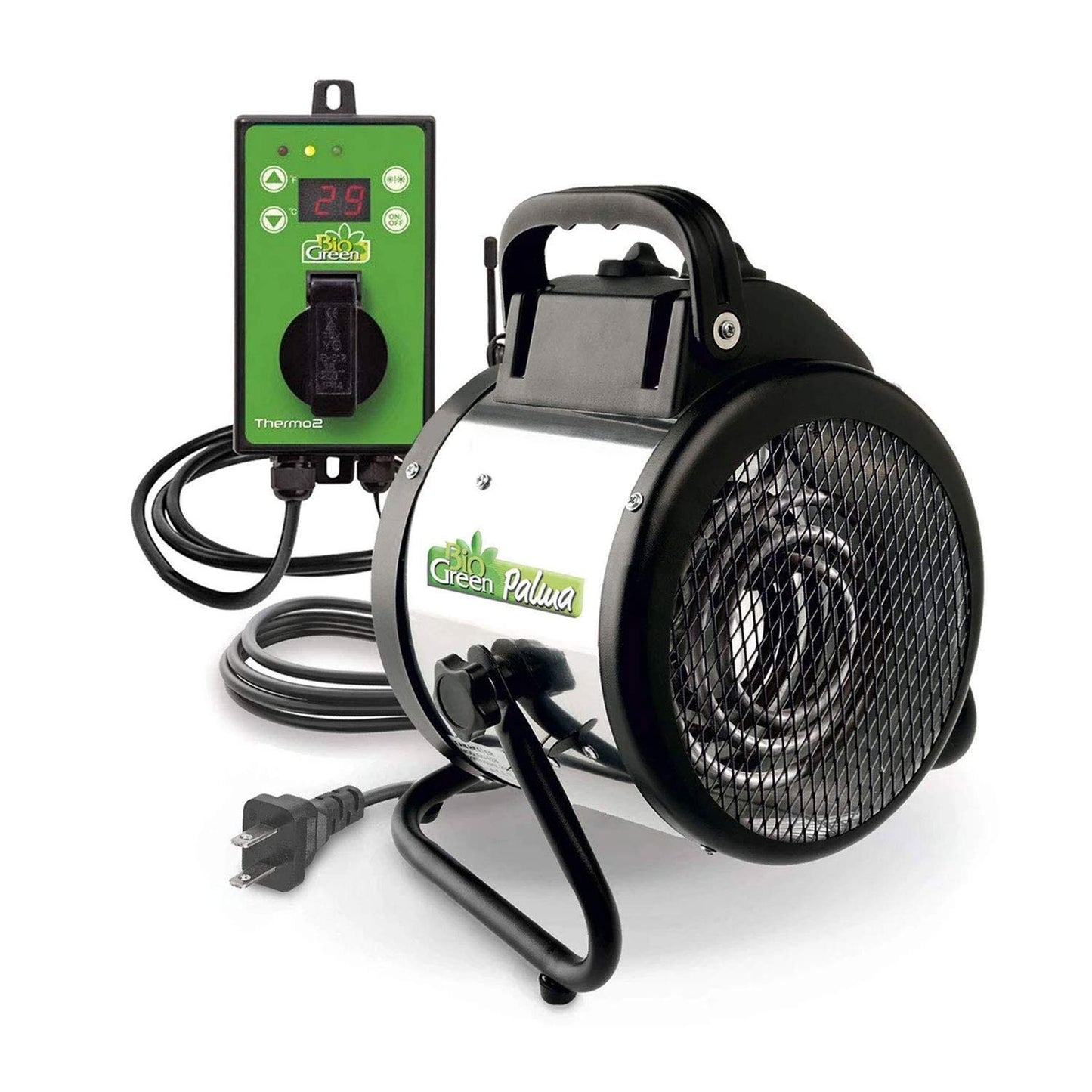 BioGreen Electric Greenhouse Heater & Fan with Digital Thermostat PALMA | 1500 Watts, 5100 BTU/hr | 5800 ft³/h Air Circulation -58 to 210.2°F | Stainless Steel | Spraywater Proof