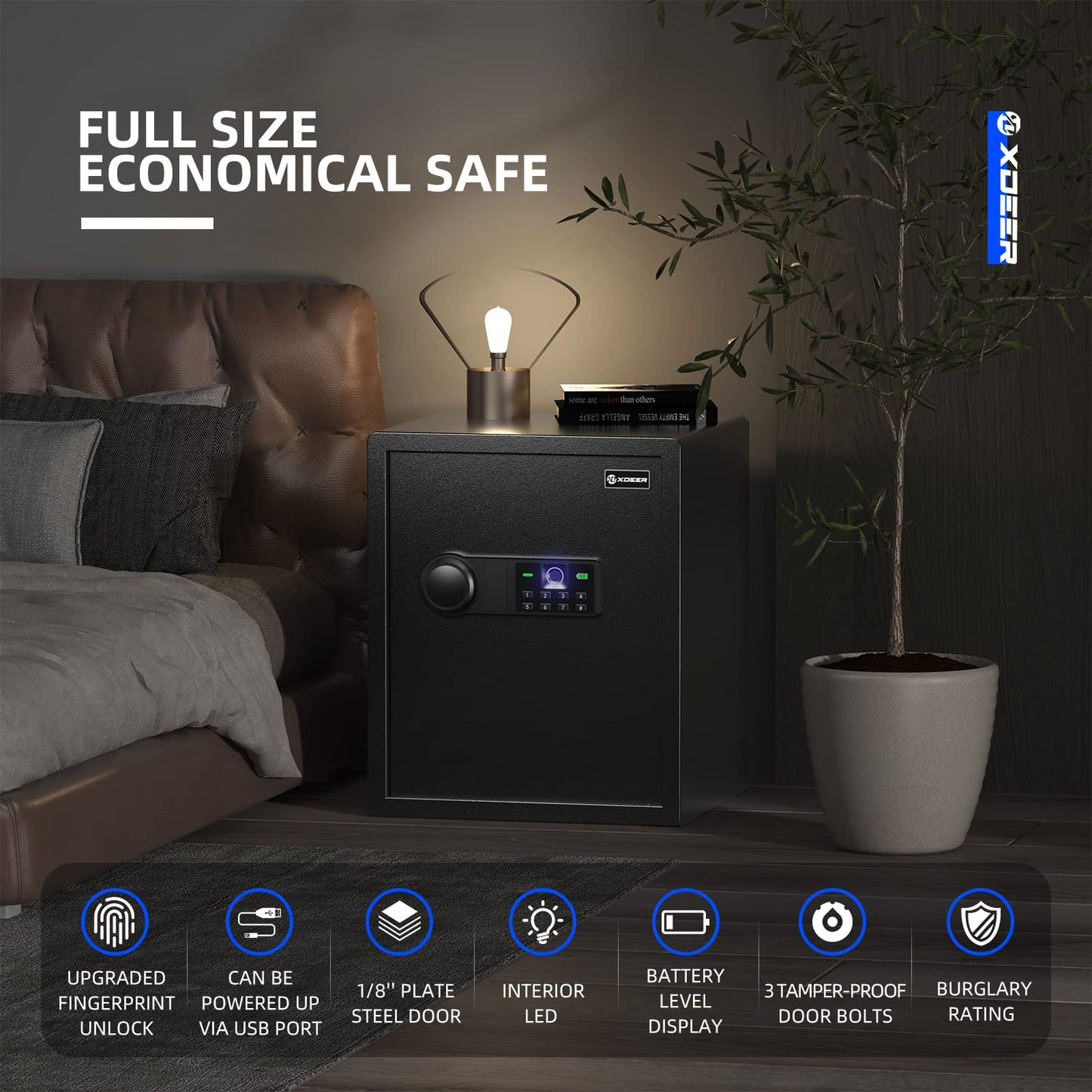 XDeer Biometric Safe Box, Quick-Access Security Safe Box with Upgraded Fingerprint, Steel Handgun Safe Lock Box for Kid/Home/Office/1PCS (1.69 Cubic Feet)