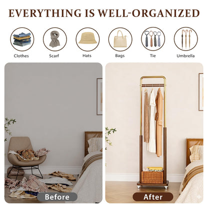 Taitiy Clothes Rack Solid Wood Coat Rack, Metal and Solid Wood Combination Clothing Rack with Wheels for Entryway, Bedroom, Living Room, Coat Racks Freestanding for Hanging Clothes Garment Scarf