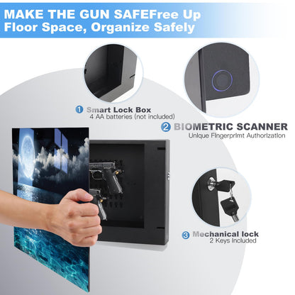 Moon Gun Safe for Handgun, Pistol Safe with Fingerprint & KEY Access, Moon Wall Art Glass Hidden Gun Storage with Decor Function For Wall-Mounted, Fathers Day Gift -18.8IN