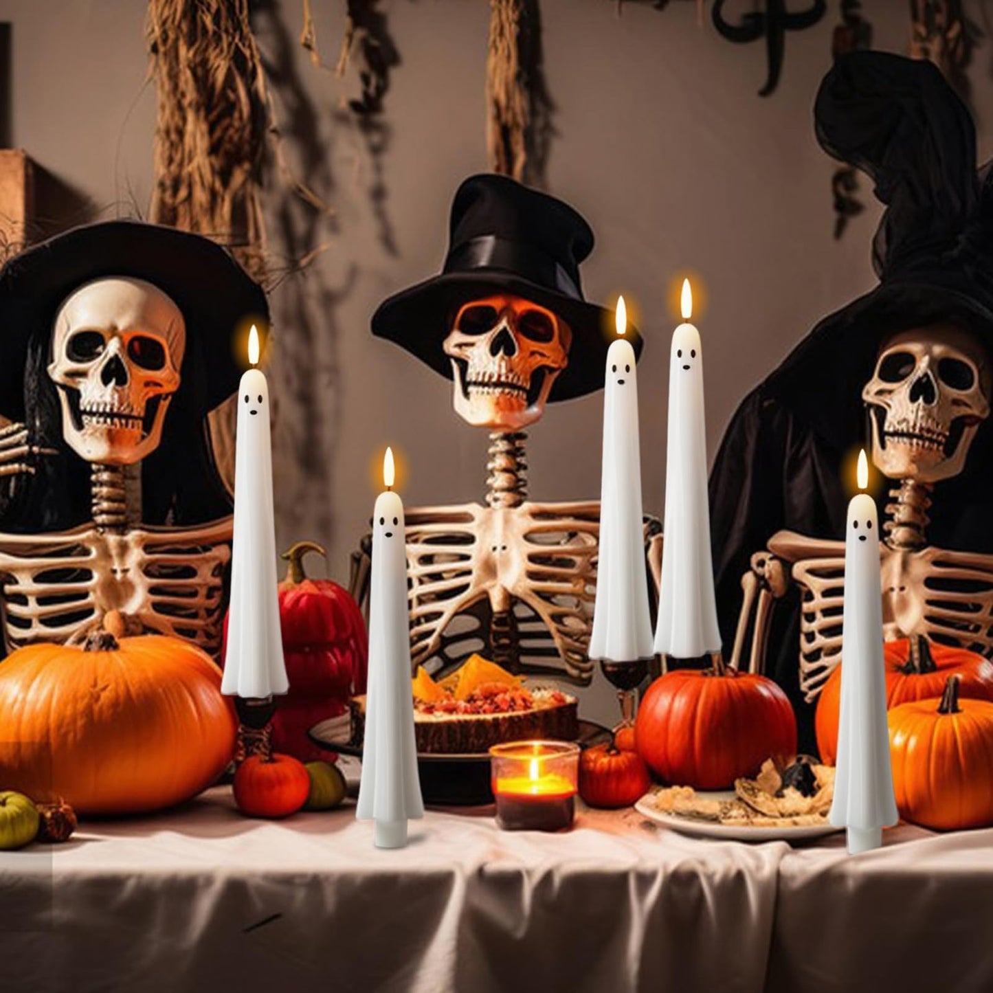 Wondise Halloween Flameless Taper Candles with Remote & Timer, Spooky Ghost Battery Operated Real Wax 3D Wick Flickering Halloween Candles for Halloween Decorations Indoor Gift