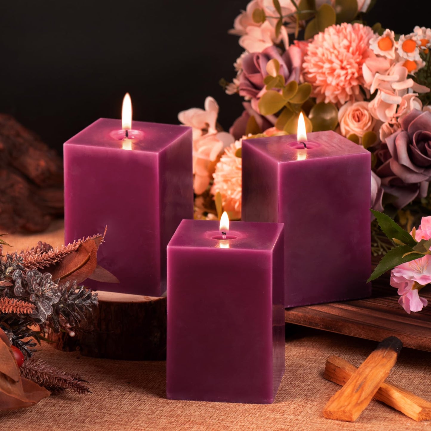 KONNI Square Purple Pillar Candles Set of 3, 2.8"x 4" Unscented Pillar Candles Bulk, 30 Hours Long Burning Candles, Smokeless and Dripless Large Candle for Wedding, Home Decoration, Parties, Spas