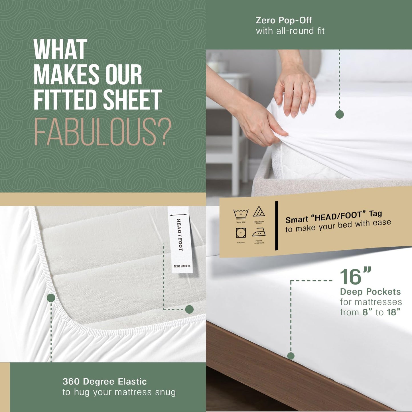 TEXAS LINEN CO. 100% Organic Cotton Percale Weave Fitted Sheet Twin XL Size, White, 1 Deep Pocket Twin XL Fitted Sheet, Fits Mattress Upto 16" Crisp and Cool Bed Linen, Luxury GOTS Certified Sheets