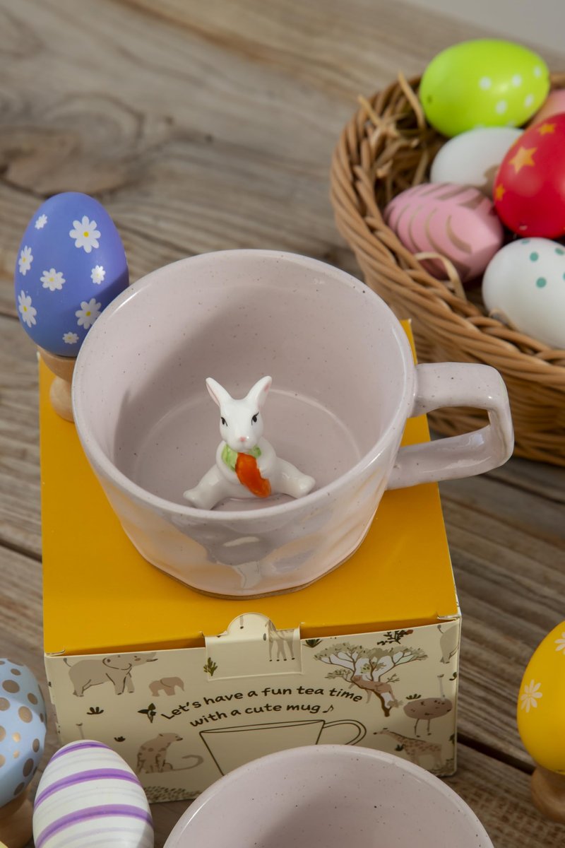 DIHOclub Farmhouse Ceramic Coffee Mug with Rabbit Figurine – Rustic Stoneware Cup, Matte Finish, Ideal for Breakfast & Home Decor (Pink Rabbit)