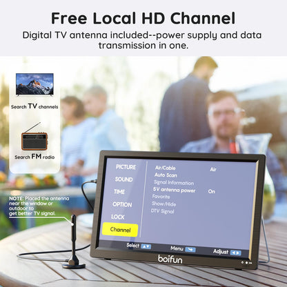 Boifun 15.6" Portable TV with Antenna, DVD Player Built-in, FM Radio, 5000mAh Battery, Support HDMI Input/USB/TF/AV Out and Multiple Disc Formats, Small TV DVD Combo for Camping Patio RV Kitchen,Black