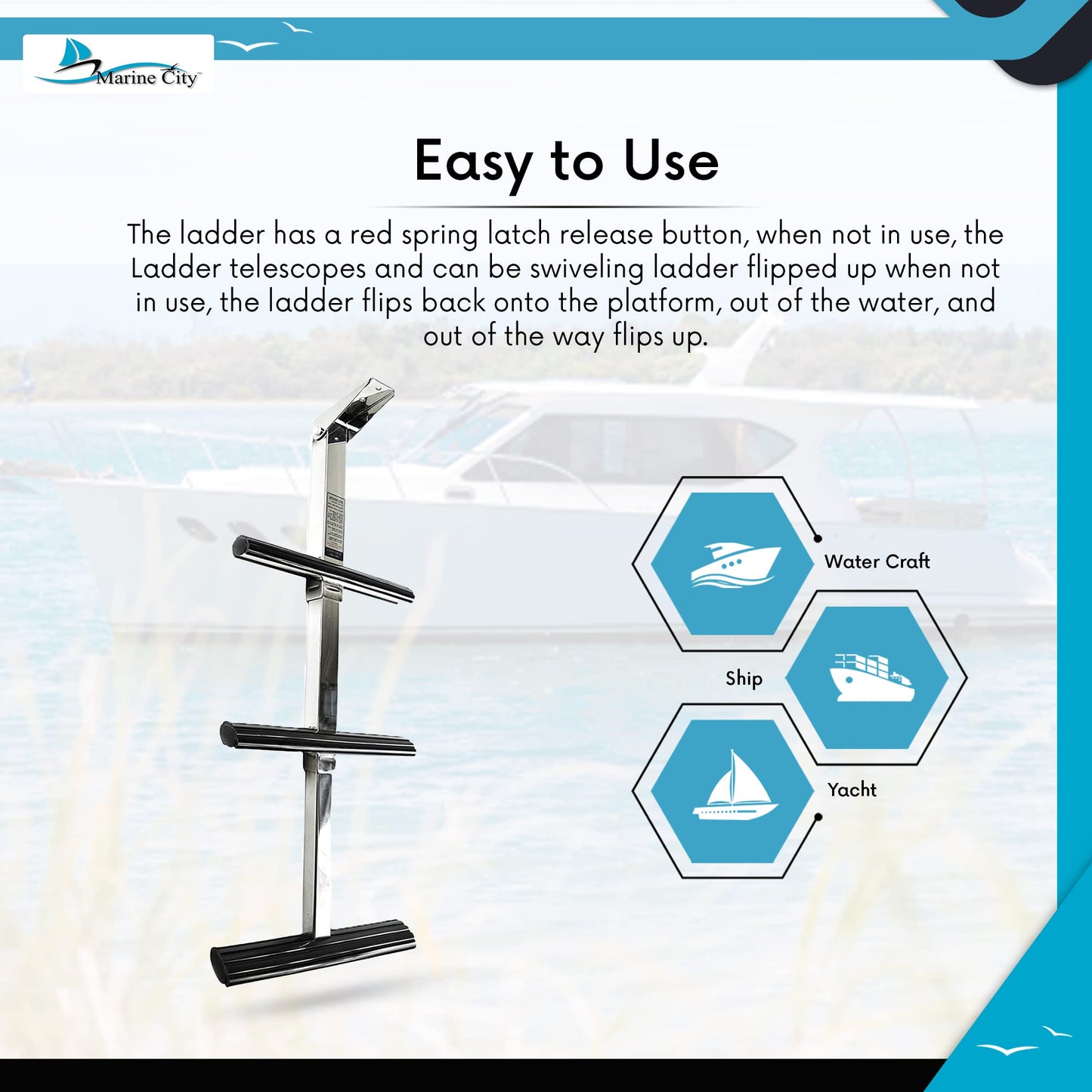 MARINE CITY 3-Step Telescoping Ladder – Stainless Steel, Flip-Up, Anti-Slip, 3-5/8” Deployed Length, 13-1/2” Width, for Marines, Boats, Ships, Yachts (Pack of 1)