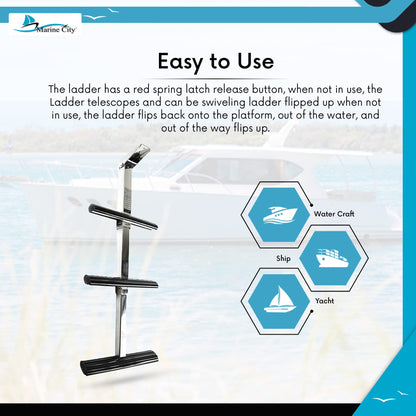 MARINE CITY 3-Step Telescoping Ladder – Stainless Steel, Flip-Up, Anti-Slip, 3-5/8” Deployed Length, 13-1/2” Width, for Marines, Boats, Ships, Yachts (Pack of 1)