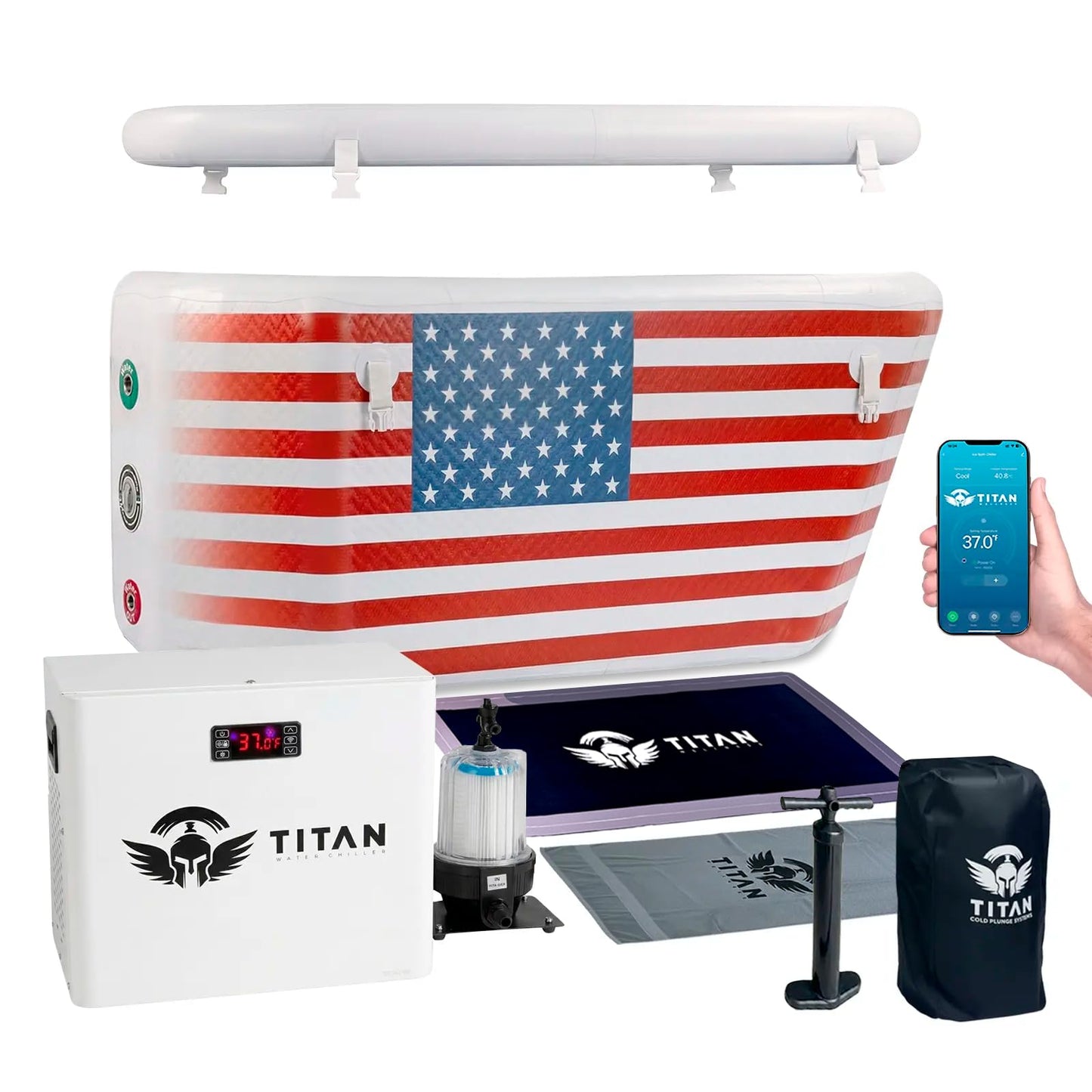 Ice Bath Pro Cold Plunge Tub and 1/3 HP 825W Chiller with Wi-Fi Control, UV Sanitation, 2-Year Warranty, U.S.-Based Support, Portable Ice Bath with Angled Backrest, Pump & Filter-Cools to 37°F-US Flag