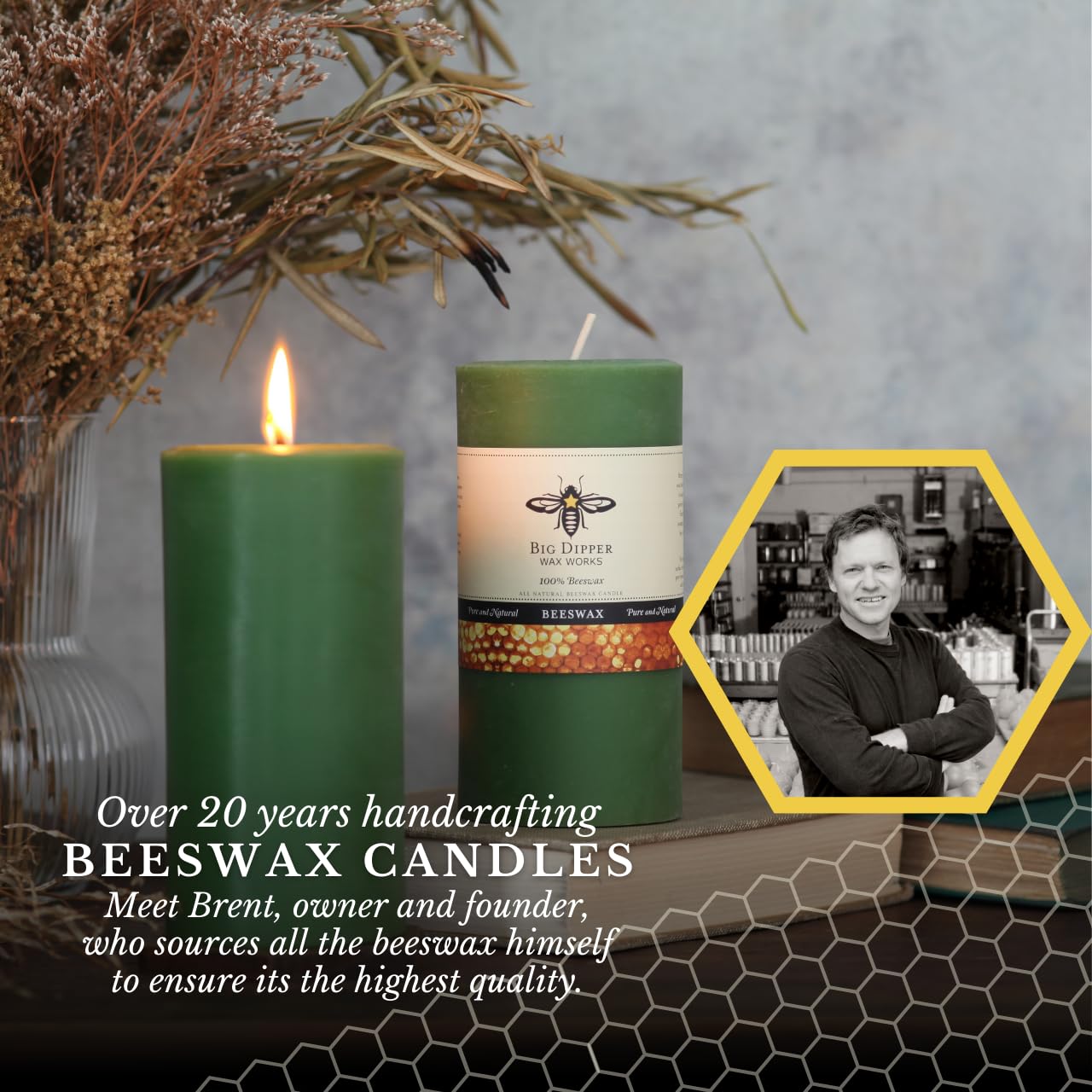 Big Dipper Wax Works Moss Green Pillar Candle, 90-Hour Long Burn, Pure Beeswax Candle, 3" x 6”