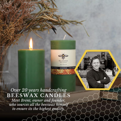 Big Dipper Wax Works Moss Green Pillar Candle, 90-Hour Long Burn, Pure Beeswax Candle, 3" x 6”