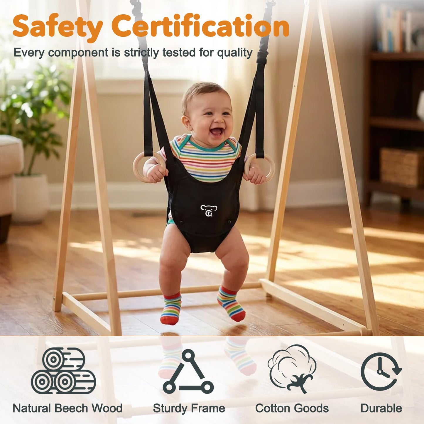 2-in-1 Baby Jumper & Swing, Montessori Wooden Toddler Swing Set with Stand for Indoor/Outdoor, Baby Bouncer Jumper & Hammock Swing with 5-Point Harness, Suitable for Children Ages Up to 3 Yrs