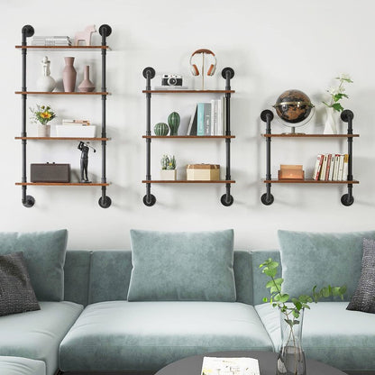 YMYNY Industrial Pipe Shelf Bracket, 4 Tiers Retro Wall Mounted Floating Shelf, Wood DIY Bookshelf, Storage Shelves for Living Room, Bedroom, Office, 24" Farmhouse Bathroom Shelving, UHWS002H