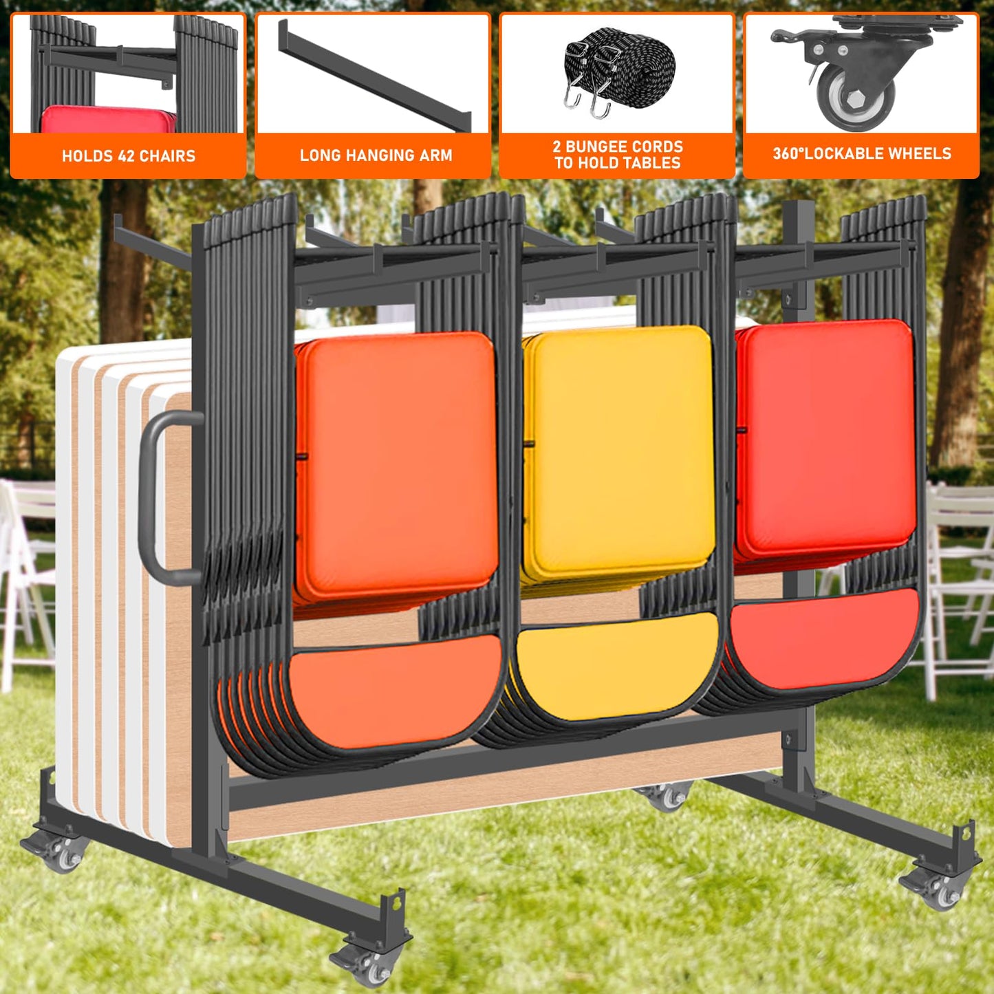 NULTRUMA Folding Chair Rack, Heavy-Duty Folding Chair Cart Storage for 42 Chairs or 12 Tables, 550 lbs Capacity, Heavy Metal Chair Holder Rack with Locking Universal Wheels, Dust Cover, Elastic Cords