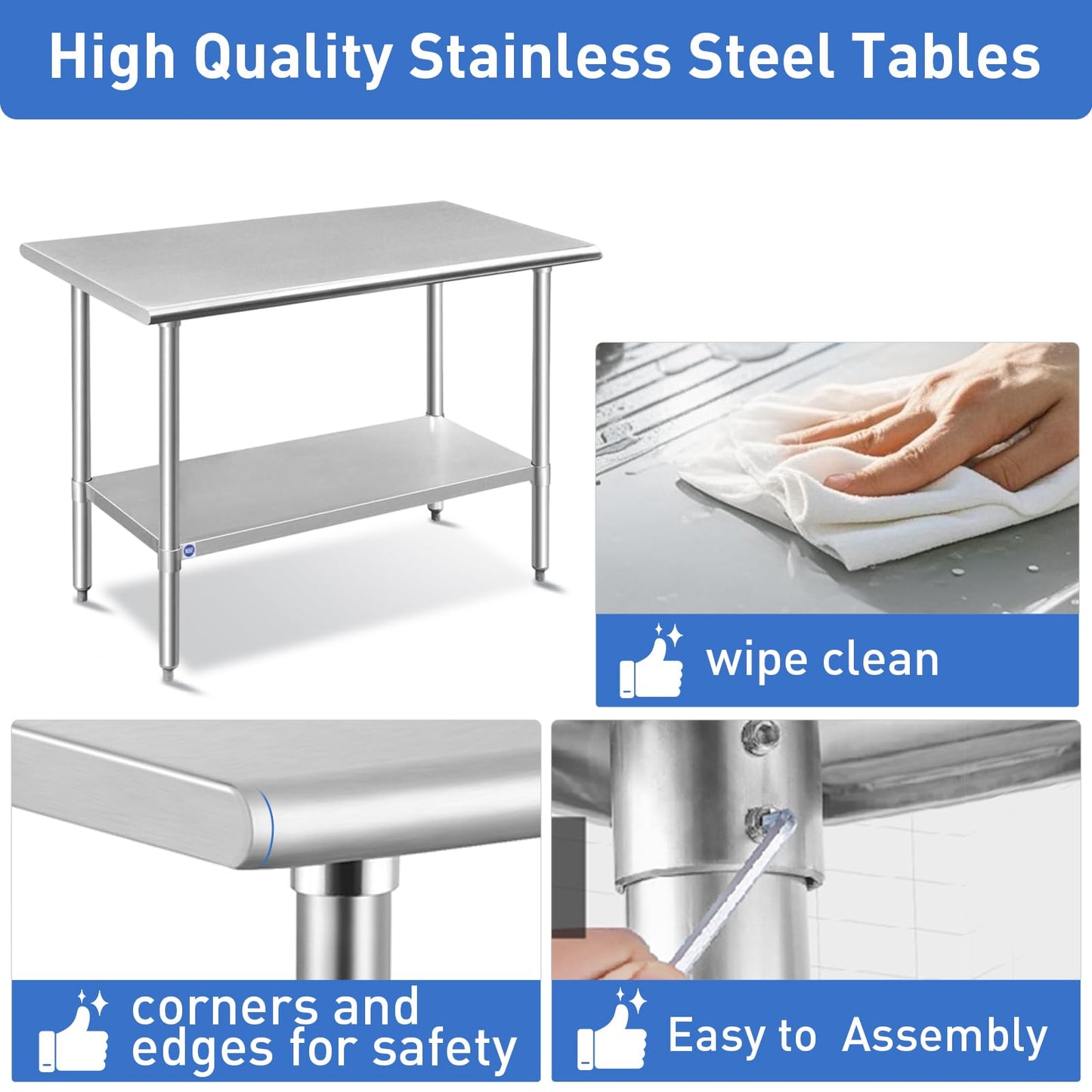 ROCKPOINT Stainless Steel Table for Prep & Work 24x48 Inches, NSF Metal Commercial Kitchen Heavy Duty Table with Adjustable Under Shelf and Table Foot for Restaurant, Home and Hotel