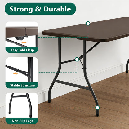 2 Pack 5ft Folding Table, Foldable Picnic Table with Carrying Handle, Heavy Duty Fold-in-Half Portable Table for Weddings, Camping, RV Travel, Parties, and Indoor Use, Easy to Fold and Store, Brown
